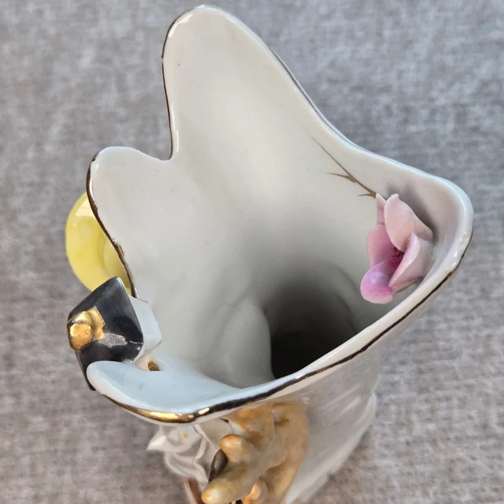 Vtg Camille Naudot Porcelain Figurine Vase Young Girl With Cat and Pink Roses